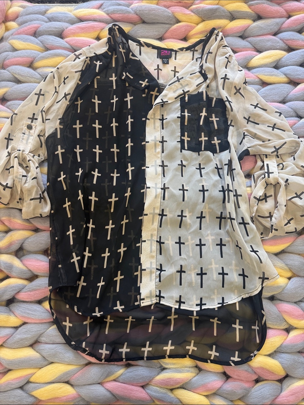 Two-Tone Black & White Cross Print Blouse